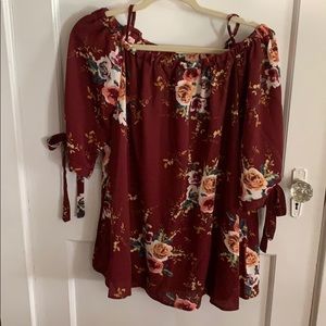 Burgundy/flower print off shoulder blouse